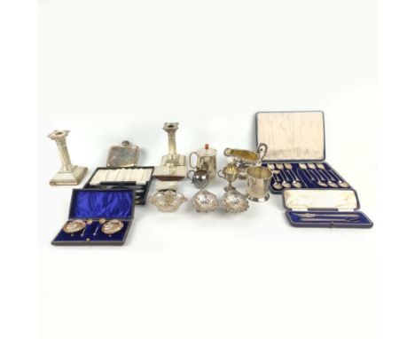 A COLLECTION OF SILVERWARE, comprising a George IV milk jug, London 1824, a hip flask, christening cup, sweet meat, salts, a 