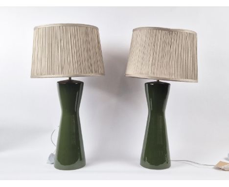 TABLE LAMPS, a pair, green glazed ceramic with grey pleated shades, 64.5cm H approx. (2)