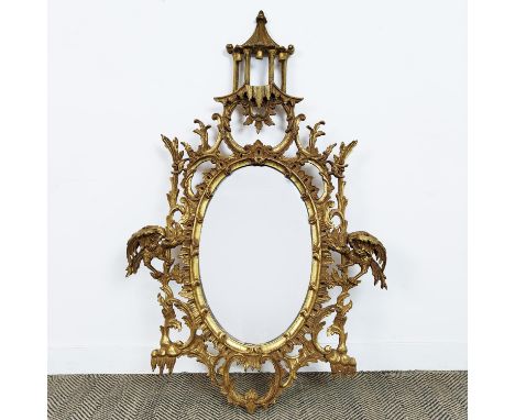 WALL MIRROR, Chinese Chippendale style giltwood with oval plate and pagoda crest, 137cm H x 87cm.