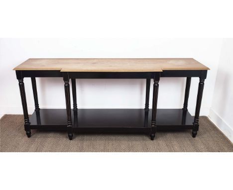 CONSOLE TABLE, of breakfront form the oak top, on a black painted base with undertier, 200cm L x 50cm D x 83cm H.