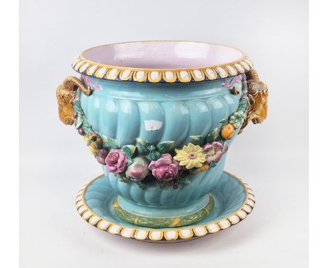 MAJOLICA RAMS HEAD JARDINIERE AND PLATTER, probably Mintons, late 19th century, 36cm H x 45cm W approx. (2)