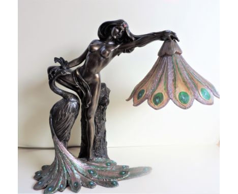 Reproduction Art Nouveau Philippe Wolfers La Fée au Pavon Table Lamp. This is a bronzed effect  reproductions of “The famous 