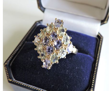 3ct Aquamarine &amp; Tanzanite Cluster Ring new with Gift Box. Stunning yellow gold on sterling silver ring set with a cluste