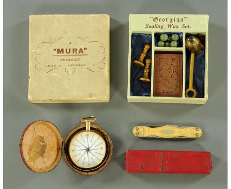 A 19th century Pique work four bladed knife, an early 19th century gilt metal compass within a case and a Mura "Georgian" cei