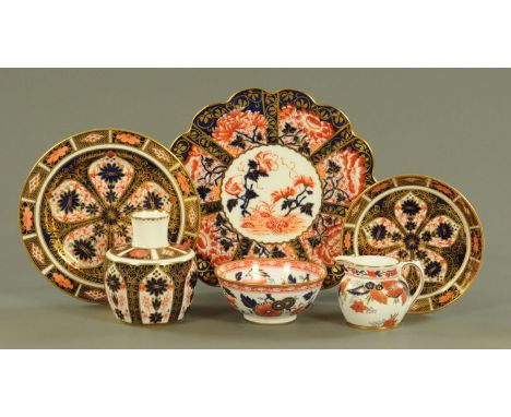 Three pieces of Royal Crown Derby, comprising vase, saucer and small plate, Spode cream jug and sugar basin and a Foley China