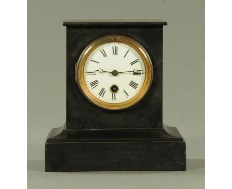 A Victorian black slate mantle clock, the enamel dial with single train movement, 19 cm wide, 20 cm high.