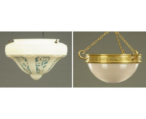 An Edwardian moulded milk glass ceiling light shade, with stylised reeded columns in foliate panels against a turquoise groun