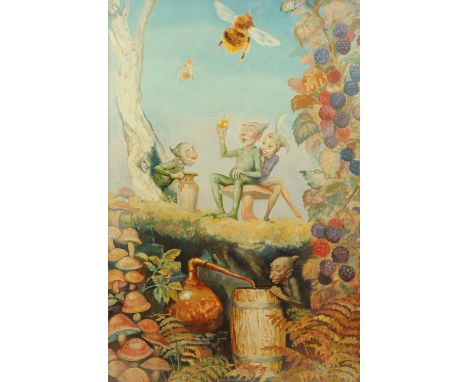 A large canvas print after Chas-Cameron Baillies, pixies carousing, 152 cm x 100 cm.