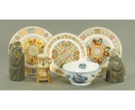 Two Lladro figures, modelled as Japanese men sleeping, a Noritake vase, a blue and white bowl, a Spode Lindisfarne plate and 