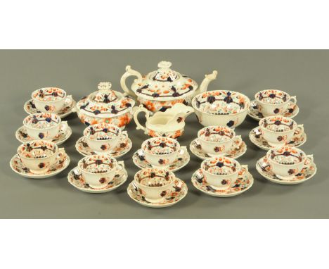 A Staffordshire Gaudy Welsh 12 place tea service, 19th century, comprising 12 cups and saucers, teapot, sucrier, milk jug and