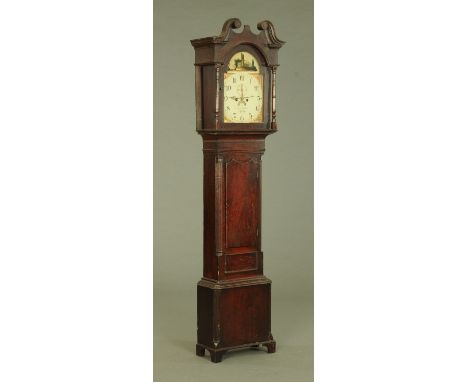 A Belfast stained pine longcase clock by Edward Gribben Belfast, with two train striking movement, the case with swans neck p