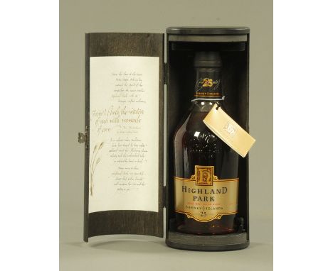One bottle Highland Park single malt Scotch whisky, 25 years, 1990's bottled, cased, cellar stored (see illustration).