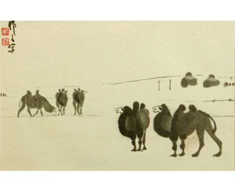 Wu Zuoren (1908-1997), print of camels.  28 cm x 42 cm, framed. 