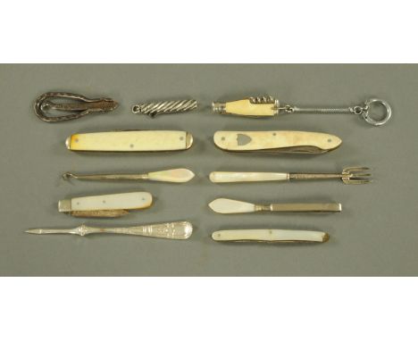 A silver bladed fruit knife with mother of pearl handle, penknives, hooks, pickle fork, etc. 