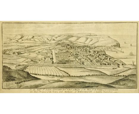 An antiquarian print, "East Prospect of The Town and Harbour of Whitehaven", to The Honourable James Lowther.  22 cm x 42 cm,