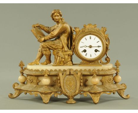 A Victorian gilt spelter and alabaster mantle clock, with eight day Marti et Cie movement chiming on a bell.  41 cm wide, 31 