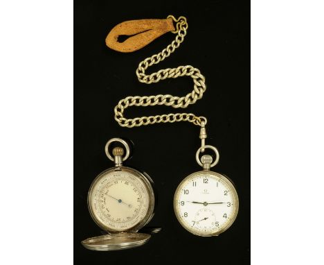 An Omega silver plated gentleman's pocket watch, knob wind, with nickel Albert chain, and a silver cased pocket barometer wit