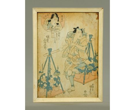 A Japanese woodblock print of a gardener, 19th century Oban.