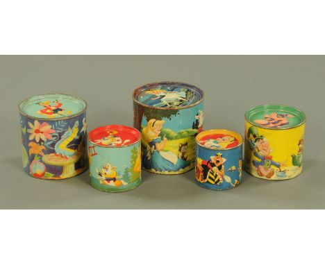 A Chad Valley Alice in Wonderland nursery toy, circa 1950's, with five graduated stacking tins with colour lithograph decorat