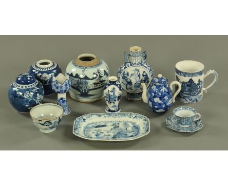 Chinese blue and white porcelain - comprising a rectangular export dish, three ginger jars, a small vase with panels of antiq