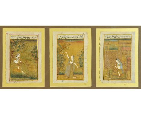 Indian School 18th/19th century, a triptych of book plates depicting a female, in naturalistic surroundings, playing a flute 