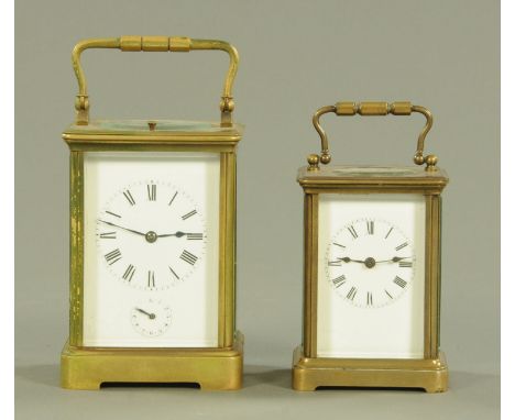 Two French brass carriage clocks, one with alarm and two-train striking movement, the other timepiece only.  Tallest 13.5 cm.