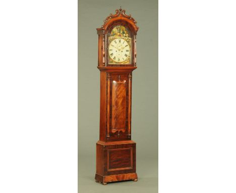 An early Victorian mahogany longcase clock, with arched painted dial with scenes depicting commerce to the arch and the spand