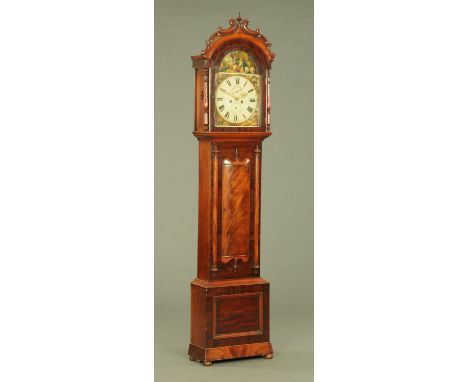 An early Victorian mahogany longcase clock, with arched painted dial with scenes depicting commerce to the arch and the spand