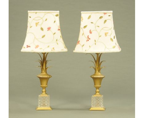 A pair of Maison Charles style table lamps, glass and metal, of pineapple form and with recent silk shades.  Overall height 7