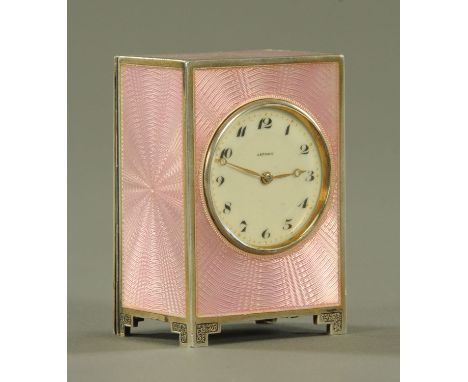 An enamelled silver miniature carriage clock by Asprey, with import marks for London 1911, the rectangular case with pink gui