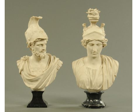 After the Antique, a pair of composition moulded busts of warriors, each on polished marble plinths, 40.5 cm and 43.5 cm high