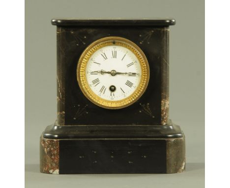 A Victorian black slate and variegated marble mantle clock, the enamel dial with Roman and Arabic numerals and with single tr