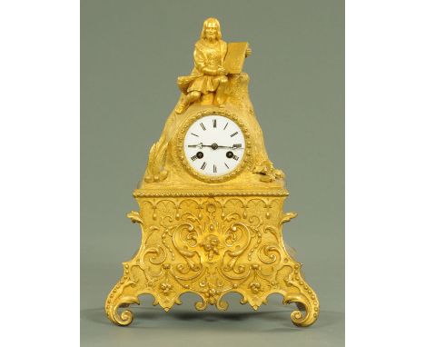 A 19th century French gilt metal figural mantle clock, with two train movement striking on a bell, the dial marked "Raingo Fr