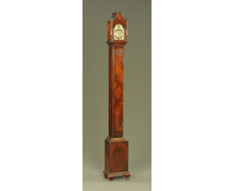 A mahogany longcase clock, early 20th century, of narrow form, single train movement with chain and pendulum.  Height 185 cm,