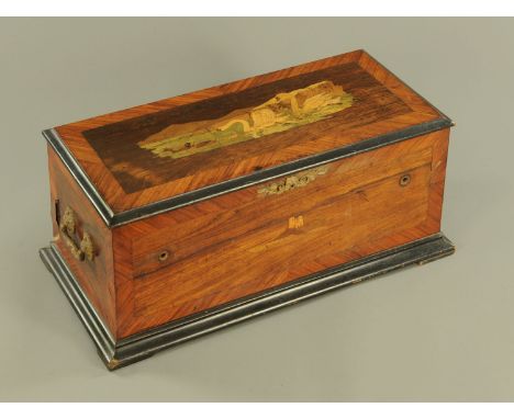 A 19th century Swiss mechanical music box, playing four airs, the drum 15.5 cm, all within an inlaid rosewood case.  32.5 cm 