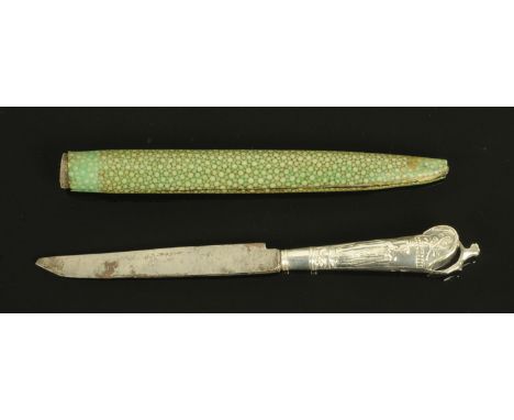 An 18th century Dutch silver mounted knife, circa 1760, makers initials N.P. the handle embossed with classical figures benea