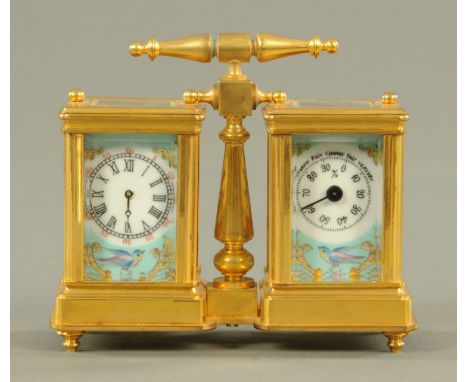 A brass carriage style clock and barometer, with porcelain dials and sides decorated with birds amongst blossoming flowers an