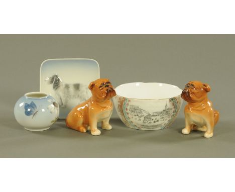 A small Royal Copenhagen globular vase, decorated with a floral spray, a relief moulded royal Copenhagen ashtray, two bulldog