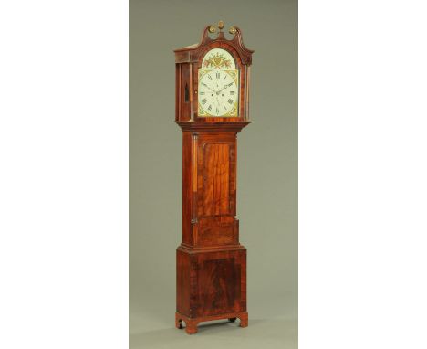 An early 19th century mahogany longcase clock by John Lundie, Dundee, with swans neck pediment above the arched painted dial 