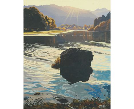 Patrick Cremer, acrylic on canvas, lake scene with boulder.  51 cm x 40 cm, framed.