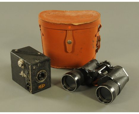 A vintage Houghton-Butcher Ensign camera, and a pair of Zenith 10 x 50 binoculars.