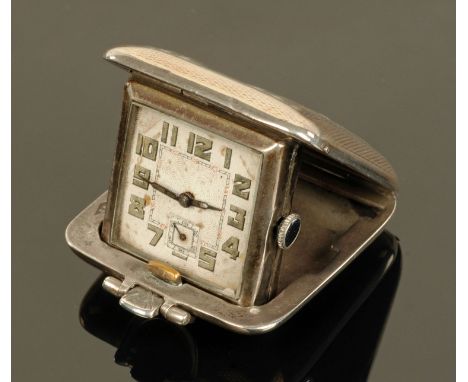 A ladies Art Deco period silver cased purse watch, the square dial with part guilloche enamelled face with Sapho Swiss moveme