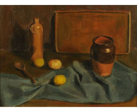 An oil painting on canvas, still life of vase, fruit, spoon and flask and with nude verso.  44 cm x 60 cm, framed. 