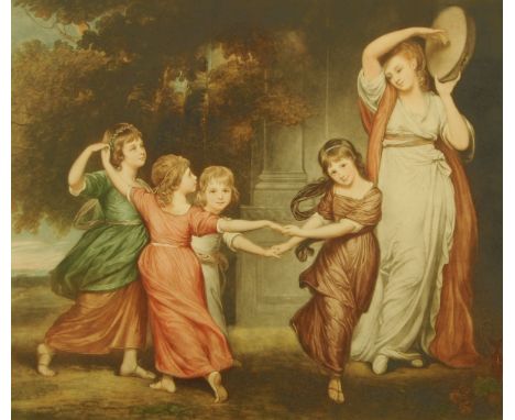 A late 19th century coloured print, young girls dancing.  52 cm x 60 cm.