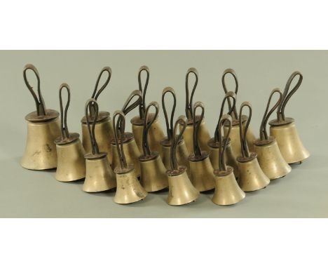 Campanology - a set of eighteen vintage hand bells, the leather handles stamped for J. Shaw, Son & Co, Bradford and further s