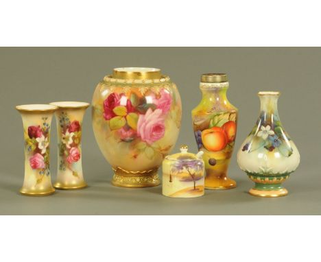 A group of Royal Worcester porcelain, comprising a pair of cylindrical vases with flared necks, shape No. G923, date code for