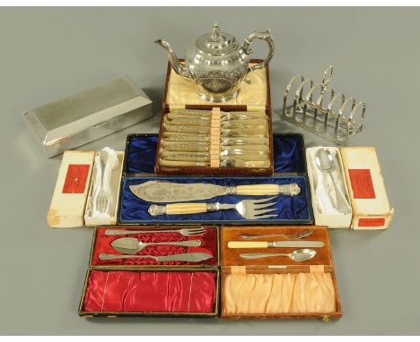 A collection of silver plate, to include a large six division toast rack, a large engine turned cigarette box, Victorian fish