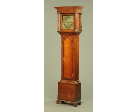 A George III oak and mahogany banded longcase clock by Watson of Blackburn, the hood partially walnut veneered and the trunk 