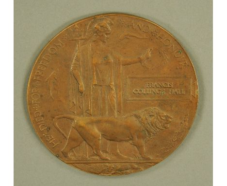 Militaria - WWI memorial plaque to Francis Collinge Hall, manufactured by the Royal Arsenal, Woolwich, in original cardboard 