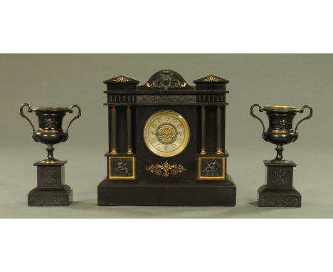 A late Victorian black slate architectural mantle clock garniture, the circular dial with ivorine chapter ring with Arabic nu